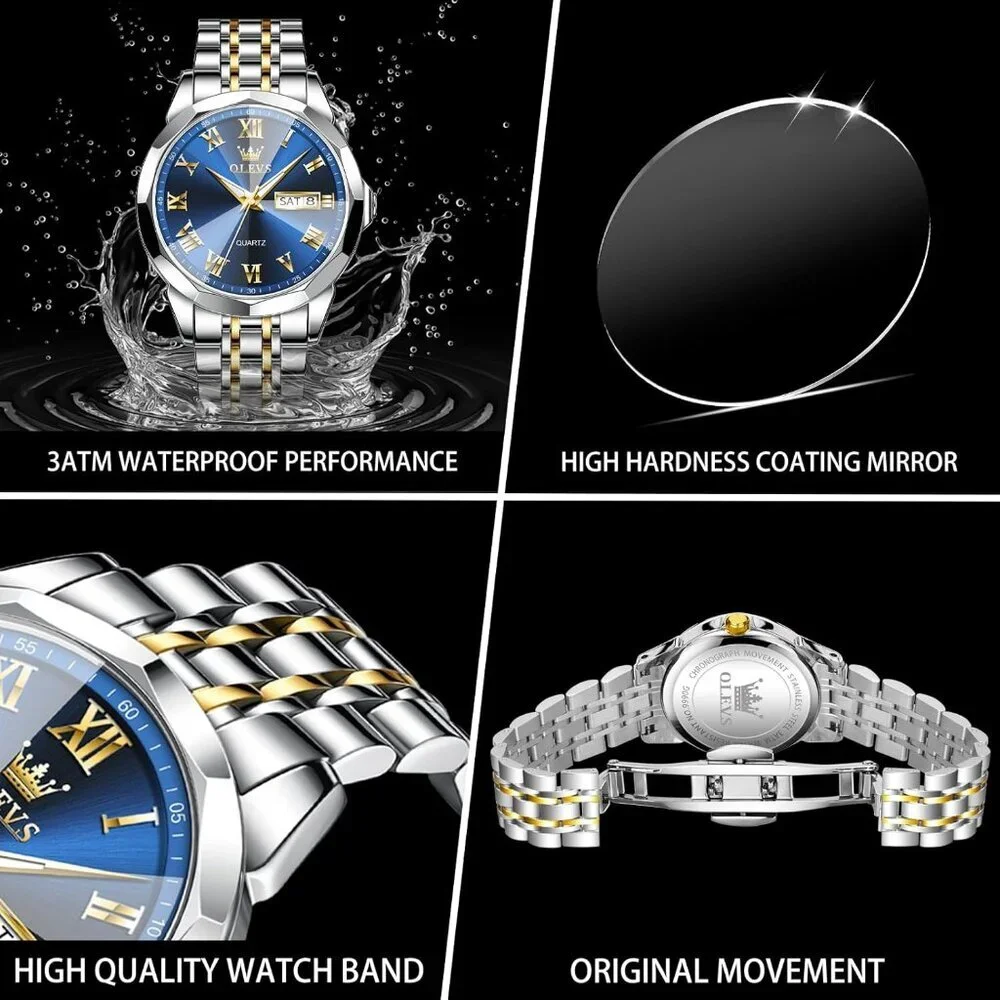 Olevs Men's Silver Gold- Blue Steel Stain Waterproof Stain Luminous Wrist Watch